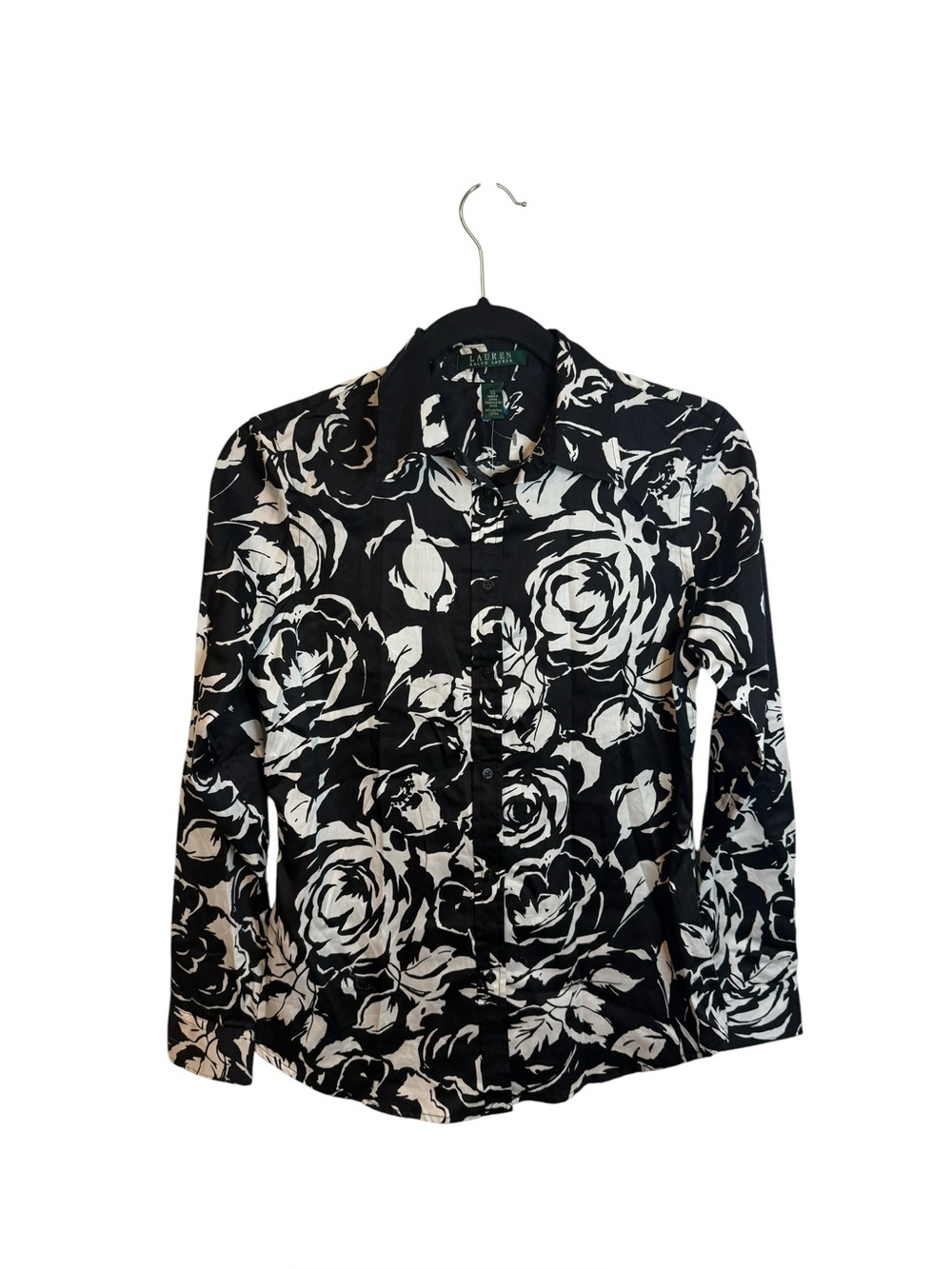 NWT Lauren Ralph Lauren Black and White Floral Cotton Button Down